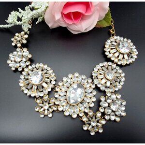 J.Crew Asymmetrical Clear Crystal Statement Necklace Bib Collar Style 22"